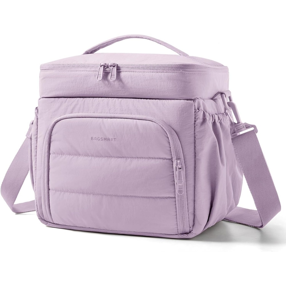 image:imageBAGSMART Puffy Insulated Lunch Bag Lightweight Large 14L Double Deck Lunch Box for Women Soft Cooler Tote for Office Work Travel Camping with Stretch Side Pockets Fits 40 oz Bottle PinkLavender Purple