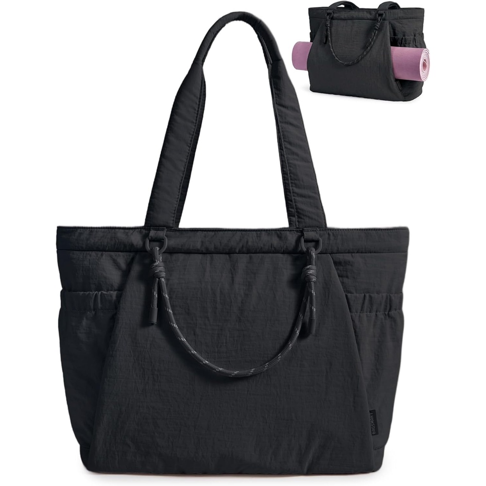image:imageBAGSMART Yoga Pilates Tote Bag for Women with Knotted Handle Gym Bag 23L lightweight amp waterproof shoulder sling bag gym bag with yoga mat holder for 156 Laptop ideal for work travelBlack