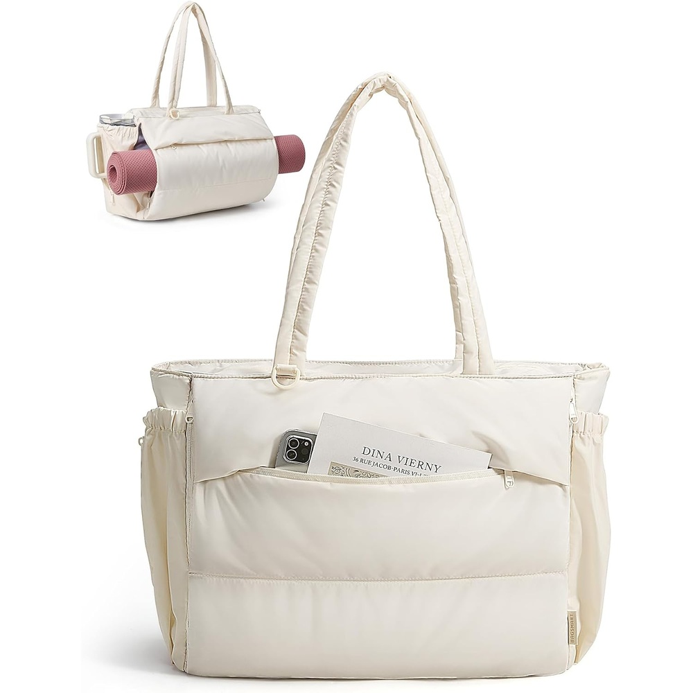 image:imageBAGSMART Yoga Pilates Tote Bag for Women with Knotted Handle Gym Bag 23L lightweight amp waterproof shoulder sling bag gym bag with yoga mat holder for 156 Laptop ideal for work travelCream
