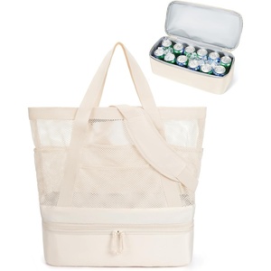 BAGSMART Beach Bag for Women, Mesh Tote Bags with Zipper, Sandproof Vacation Essentials with Cooler for Swim Cruise Pool(Beige-16.5’’l*7.9”w*19.3”h)