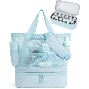 BAGSMART Beach Bag for Women, Mesh Tote Bags with Zipper, Sandproof Vacation Essentials with Cooler for Swim Cruise Pool(Blue)