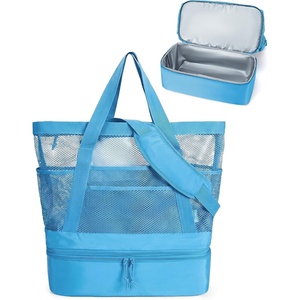 BAGSMART Beach Bag for Women, Mesh Tote Bags with Zipper, Sandproof Vacation Essentials with Cooler for Swim Cruise Pool(Dark Blue)