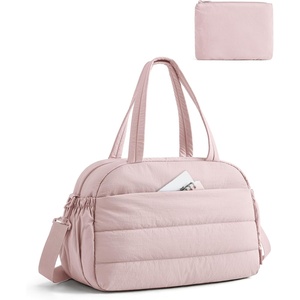 BAGSMART Gym Bag for Women, Lightweight Personal Item Travel Bag, Puffer Duffle Bag 2-PC Travel Bag, Quilted Carry On Weekender Overnight Bag, Puffy Duffel Bag for Travel, Water Resistant(Brown)(Baby Pink)