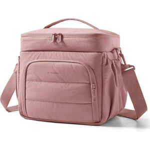 BAGSMART Puffy Insulated Lunch Bag, Lightweight Large 14L Double Deck Lunch Box for Women, Soft Cooler Tote for Office Work Travel Camping with Stretch Side Pockets Fits 40 oz Bottle, Pink(Dark Pink)