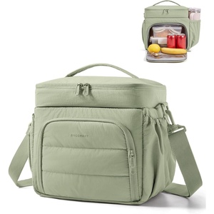 BAGSMART Puffy Insulated Lunch Bag, Lightweight Large 14L Double Deck Lunch Box for Women, Soft Cooler Tote for Office Work Travel Camping with Stretch Side Pockets Fits 40 oz Bottle, Pink(Sage Green)