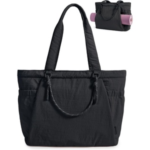 BAGSMART Yoga Pilates Tote Bag for Women with Knotted Handle, Gym Bag | 23L lightweight & waterproof shoulder sling bag, gym bag with yoga mat holder, for 15.6” Laptop, ideal for work travel(Black)
