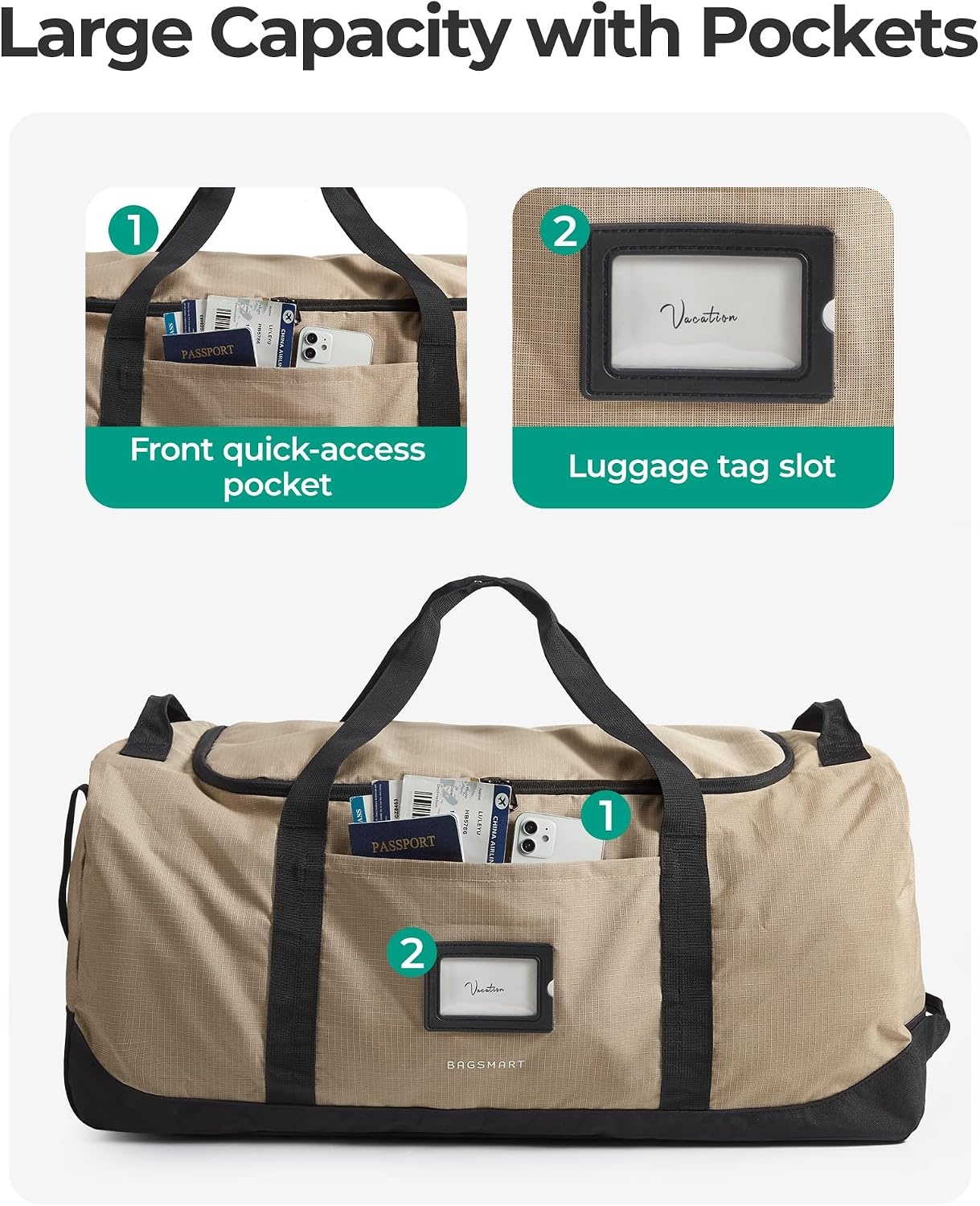 image:imageBAGSMART 83L Foldable Travel Bag Large Duffle Bag for Travel Weekender Duffel Luggage Bag for Sport College Camping Water Resistant BrownOlive green