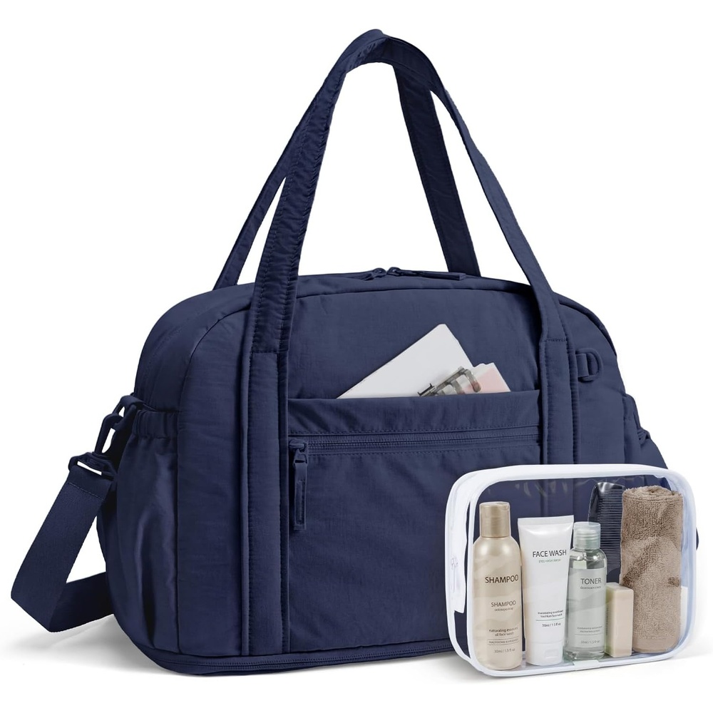 image:imageBAGSMART Expandable Personal Item Travel Bag Lightweight Gym Bag for Women 24L Weekender Travel Duffle with Toiletry Bag Carry on Overnight Duffel ChocolateNavy Blue