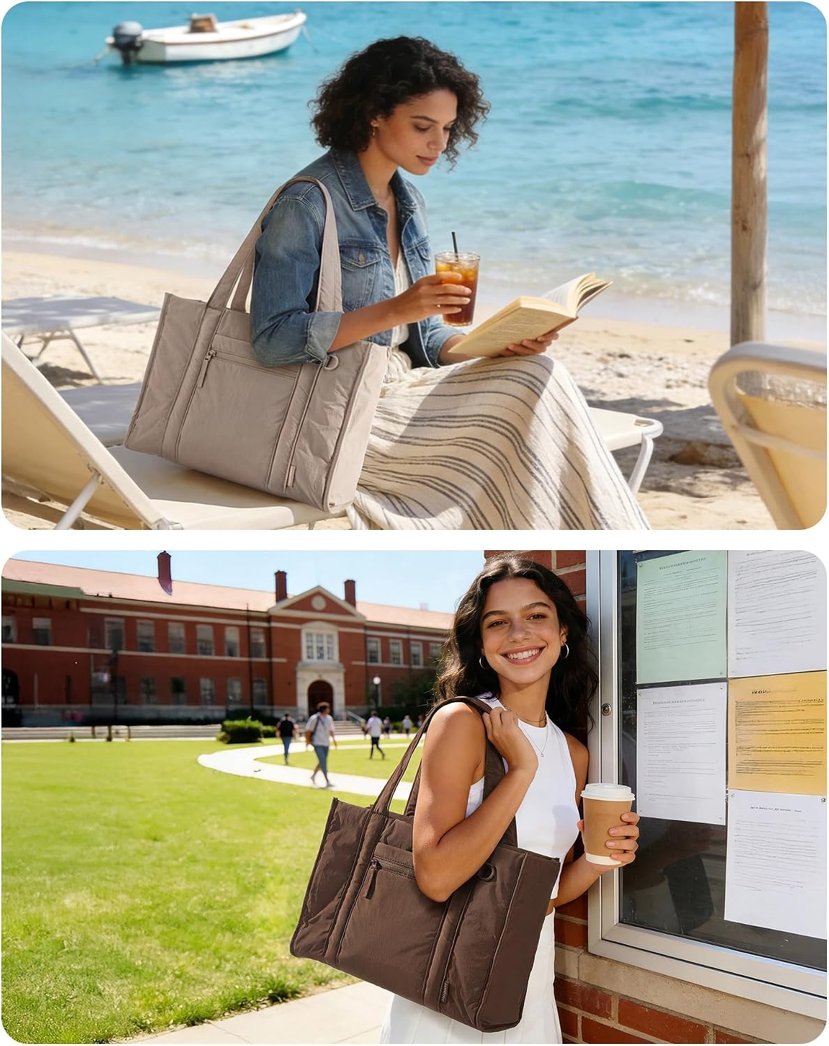 image:imageBAGSMART Boxy Tote Bag for Women Crossbody Bag with Zipper Crush Bow Purses for Travel Work CollegeTan
