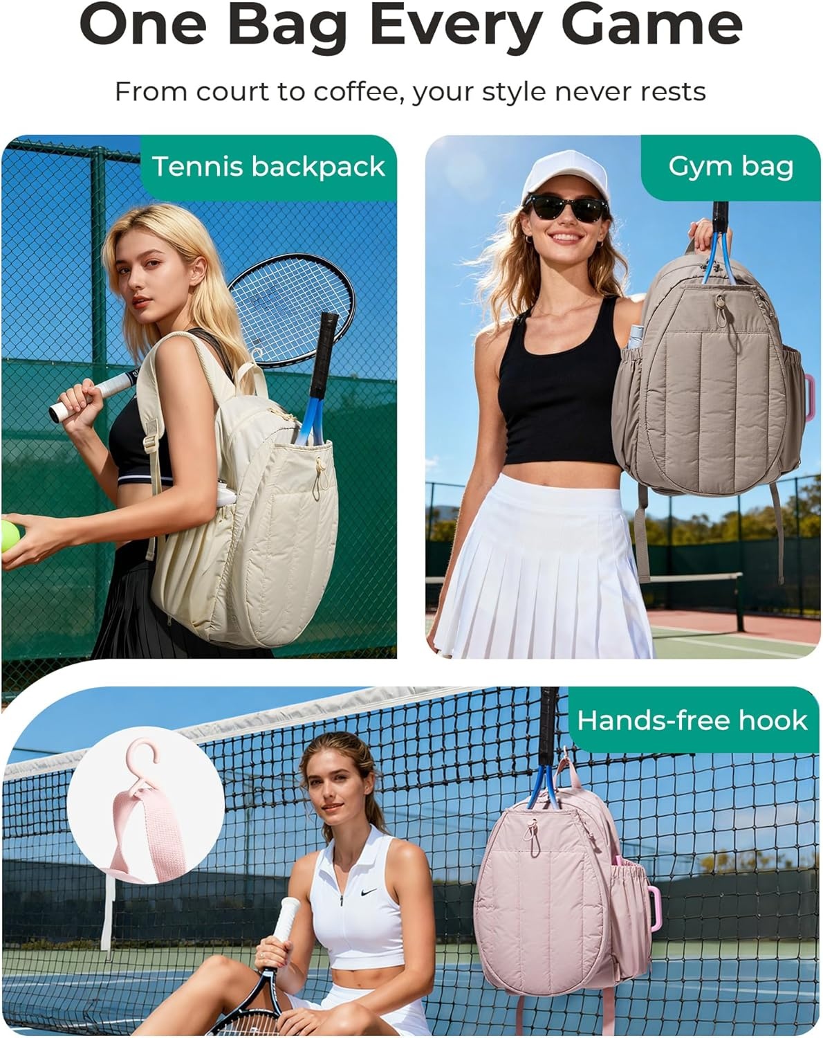 image:imageBAGSMART Tennis Gym Bag for Women 3in1 Sports Duffle Sling Backpack Fits 40oz Tumblers 156 Laptop amp Shoes Converts to a Gym Duffle Travel Sling or Court Backpack for 2 RacketsPaddlesEJet Black