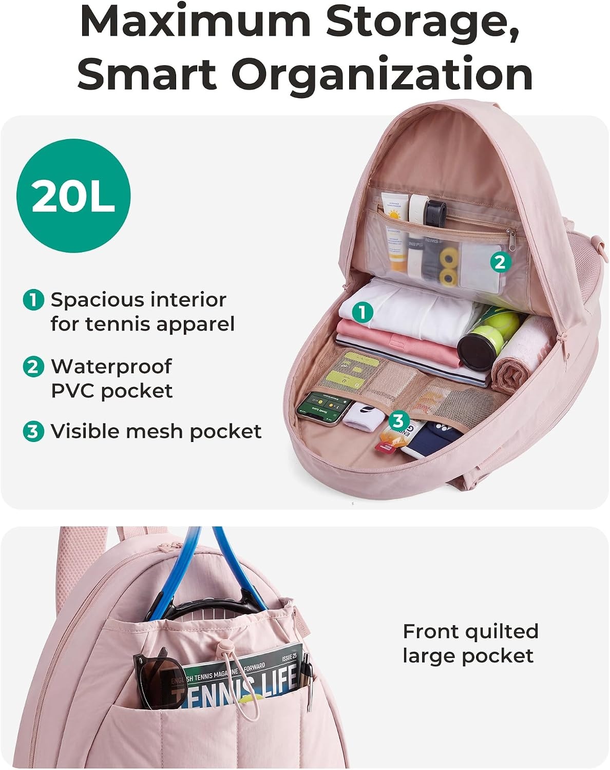 image:imageBAGSMART Tennis Gym Bag for Women 3in1 Sports Duffle Sling Backpack Fits 40oz Tumblers 156 Laptop amp Shoes Converts to a Gym Duffle Travel Sling or Court Backpack for 2 RacketsPaddlesSForest Green
