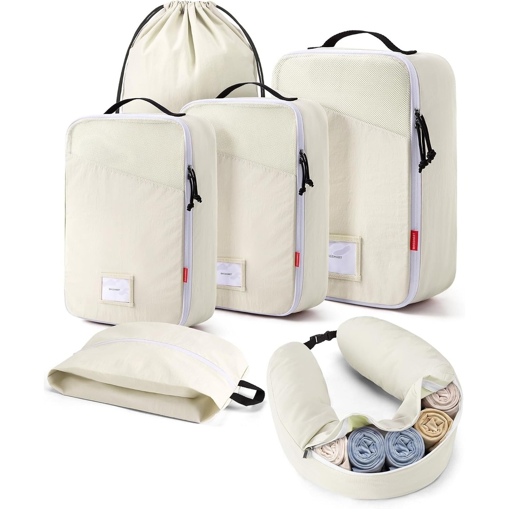 image:imageBAGSMART 6 Set Packing Cubes for Travel with Budget Airline Neck Pillow  Travel essentials Premium Taslan luggage organizers for all suitcases Ultimate budget airline hack 100 Personal item safeBeige