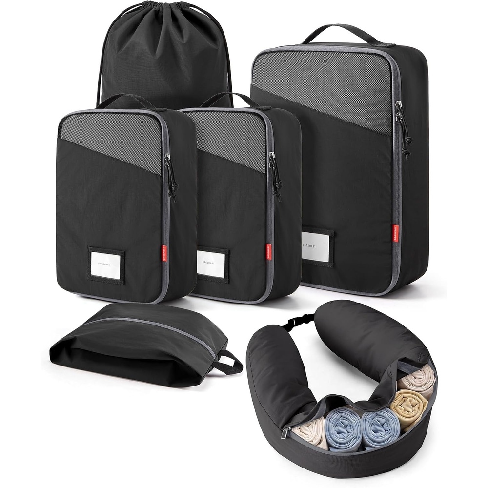 image:imageBAGSMART 6 Set Packing Cubes for Travel with Budget Airline Neck Pillow  Travel essentials Premium Taslan luggage organizers for all suitcases Ultimate budget airline hack 100 Personal item safeBlack