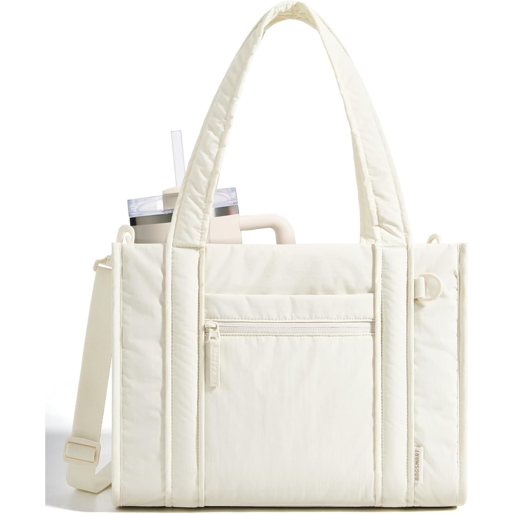 image:imageBAGSMART Boxy Tote Bag for Women Crossbody Bag with Zipper Crush Bow Purses for Travel Work CollegeCream