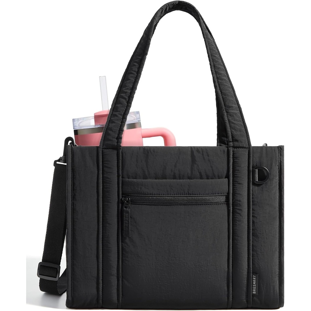 image:imageBAGSMART Boxy Tote Bag for Women Crossbody Bag with Zipper Crush Bow Purses for Travel Work CollegeJet Black