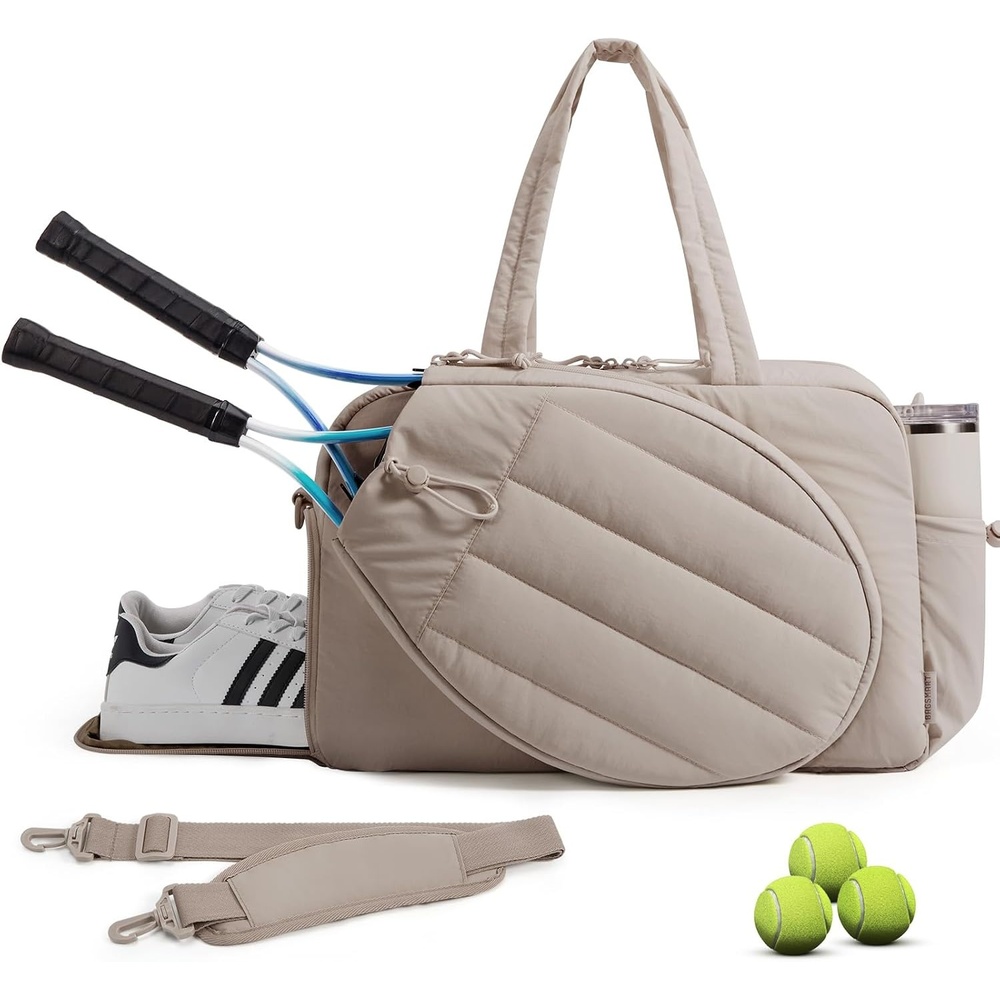 image:imageBAGSMART Tennis Gym Bag for Women 3in1 Sports Duffle Sling Backpack Fits 40oz Tumblers 156 Laptop amp Shoes Converts to a Gym Duffle Travel Sling or Court Backpack for 2 RacketsPaddlesCCamel