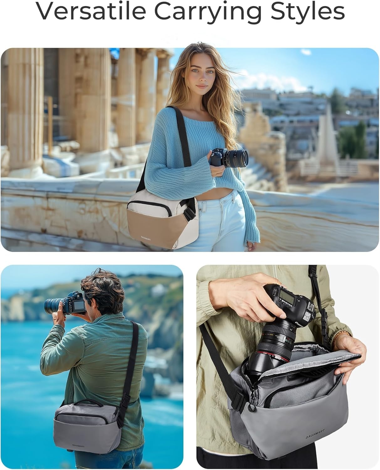 image:imageBAGSMART Camera Sling Bag Small Camera Bags for Photographers with Tripod Holder Waterproof DSLRSLRMirrorless Camera Bags Crossbody with Rain Cover Compatible with Canon Sony Nikon BeigeBlack