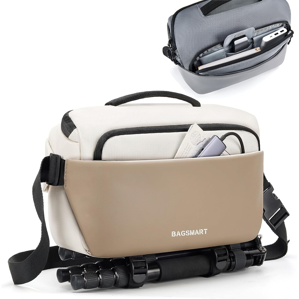 image:imageBAGSMART Camera Sling Bag Small Camera Bags for Photographers with Tripod Holder Waterproof DSLRSLRMirrorless Camera Bags Crossbody with Rain Cover Compatible with Canon Sony Nikon BeigeBeige