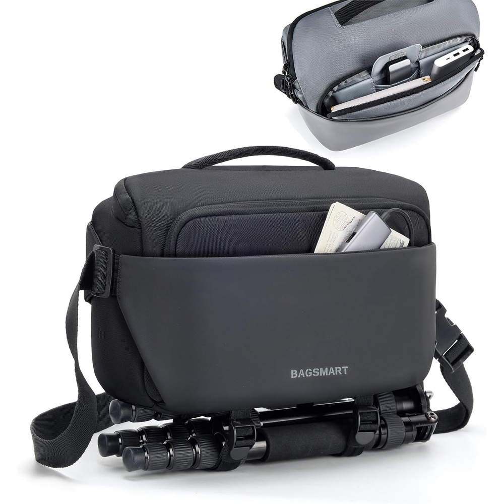 image:imageBAGSMART Camera Sling Bag Small Camera Bags for Photographers with Tripod Holder Waterproof DSLRSLRMirrorless Camera Bags Crossbody with Rain Cover Compatible with Canon Sony Nikon BeigeBlack
