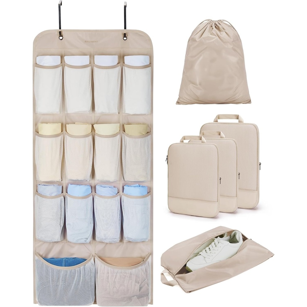 image:imageBAGSMART Hanging Compression Packing Cubes for Closet Organizers And Storage 6 Set Suitcase Organizer Bags Set Cruise Travel Essentials for Women  HangingLatte Brown