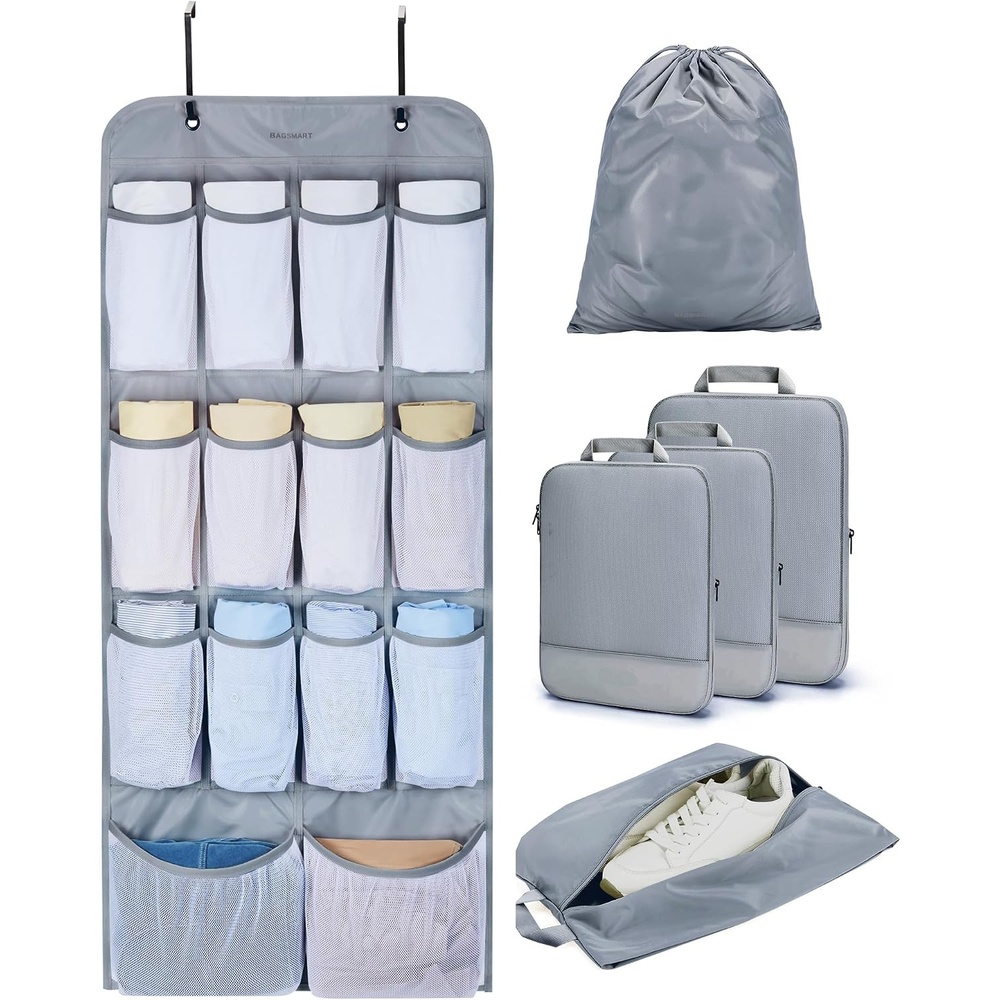 image:imageBAGSMART Hanging Compression Packing Cubes for Closet Organizers And Storage 6 Set Suitcase Organizer Bags Set Cruise Travel Essentials for Women HangingDark Grey