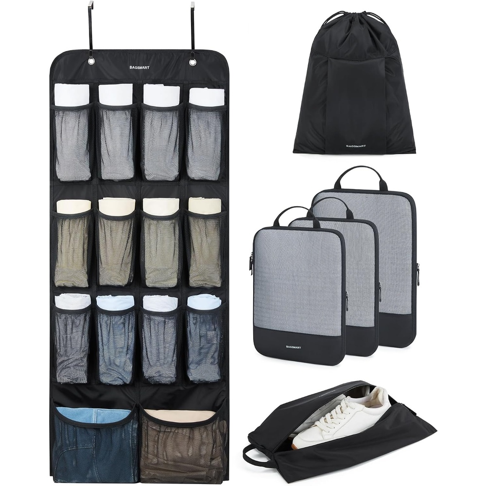 image:imageBAGSMART Hanging Compression Packing Cubes for Closet Organizers And Storage 6 Set Suitcase Organizer Bags Set Cruise Travel Essentials for Women HangingBlack