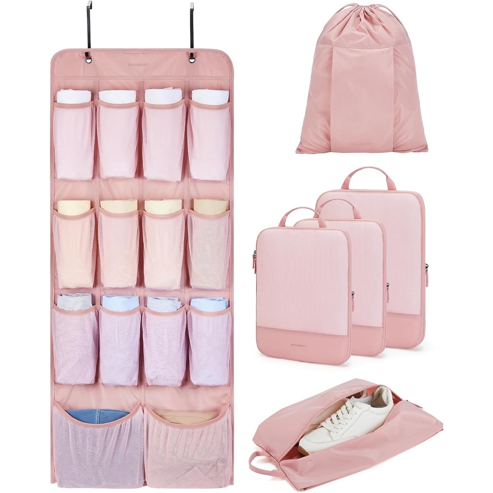 image:imageBAGSMART Hanging Compression Packing Cubes for Closet Organizers And Storage 6 Set Suitcase Organizer Bags Set Cruise Travel Essentials for Women  HangingBaby Pink