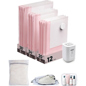 BAGSMART Vacuum Seal Storage Bags for Clothing Travel, 18 Pack Travel Essentials Bundle includes Laundry Bag & Waterproof Shoe Bag & TSA Approved Toiletry Bag, Hand Pump Included(Pink)