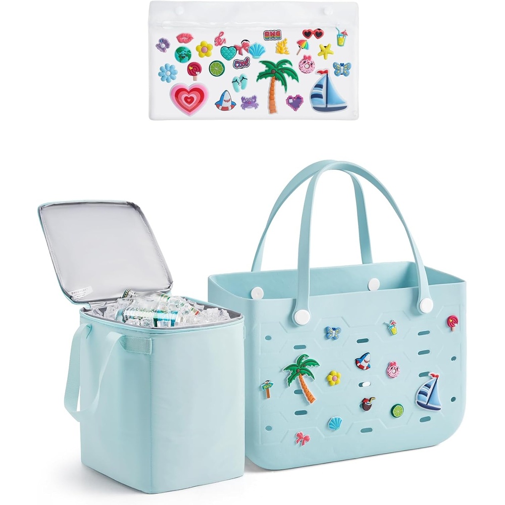 image:imageBAGSMART Beach Bag for Women Waterresistant Rubber Tote Bag Sandproof Vacation Essentials for Summer Swim Cruise PoolLight Blue