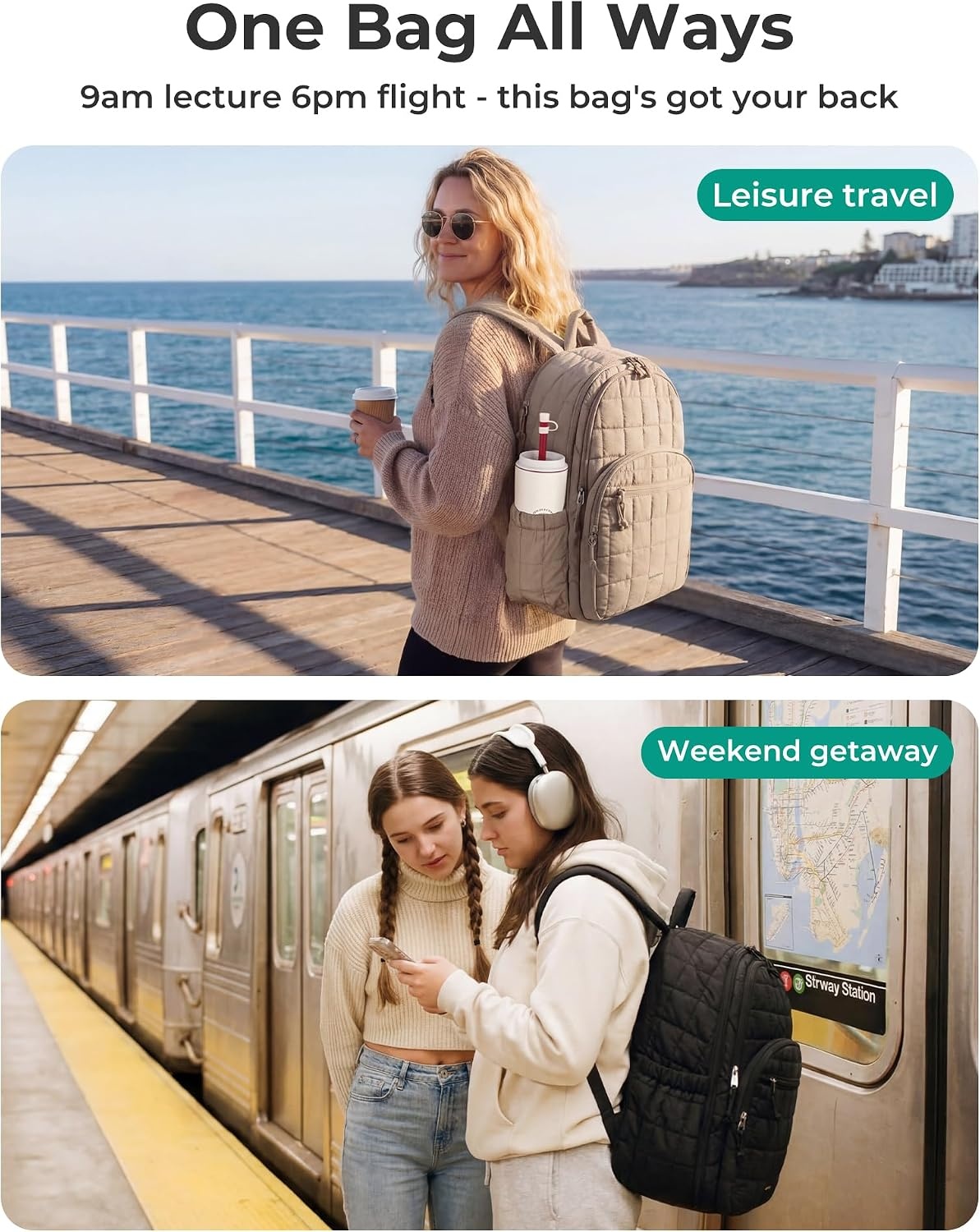 image:imageBAGSMART College Laptop Backpack Travel Backpack for Women Quilted Casual Daypack WaterResistant Bookbag for 156 Inch Laptop Cherry RedCoffee Brown