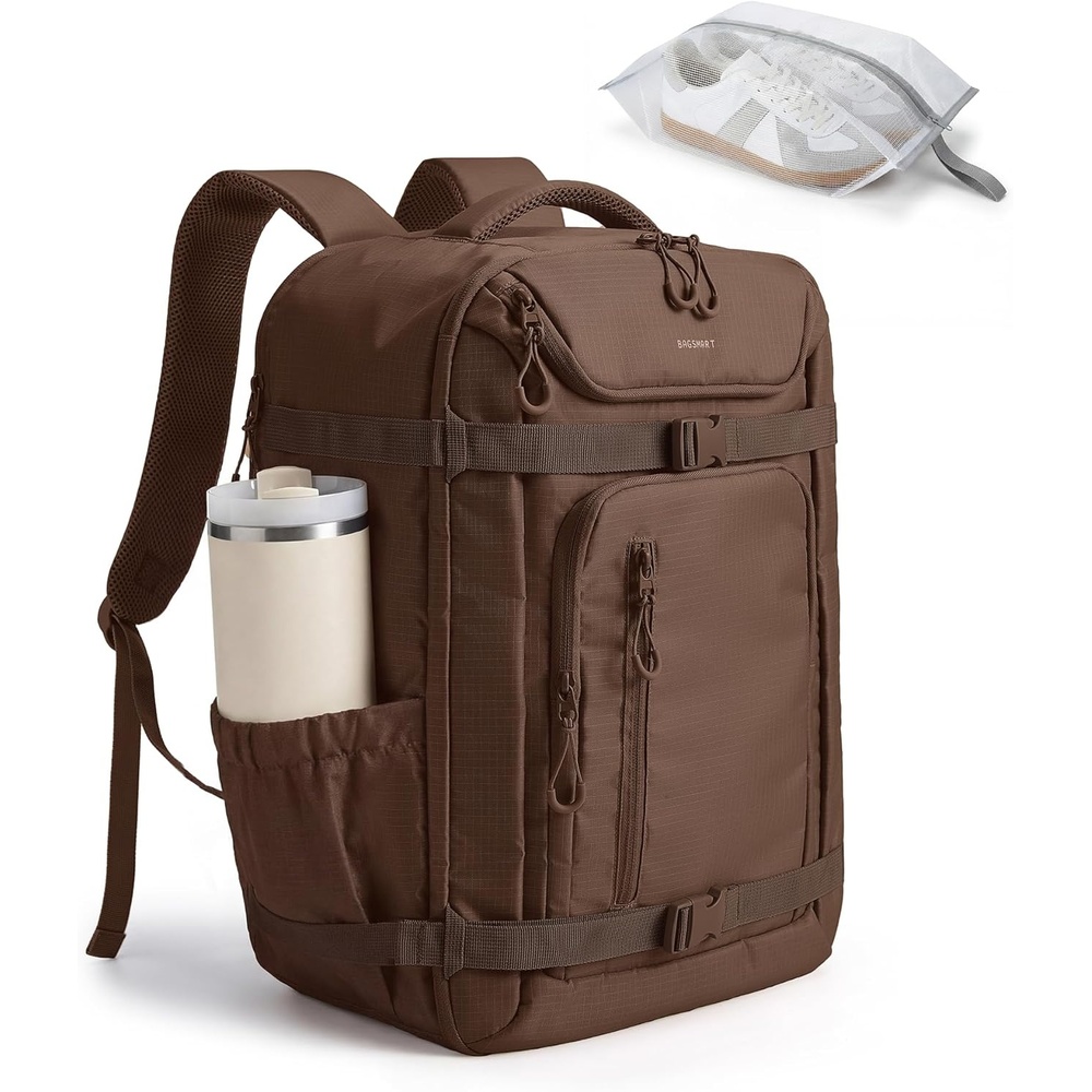 image:imageBAGSMART 35L Travel Backpack for Women amp Men Fits 17Inch Laptop Airline Approved Carry On Backpack with Wet Pocket amp Shoe Pouch WaterResistant Personal Item Travel Bag BlackCoffee Brown
