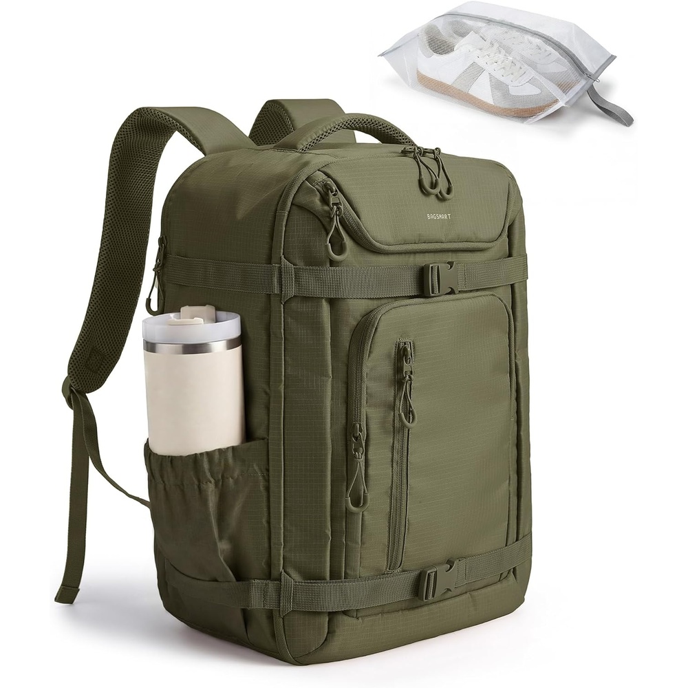 image:imageBAGSMART 35L Travel Backpack for Women amp Men Fits 17Inch Laptop Airline Approved Carry On Backpack with Wet Pocket amp Shoe Pouch WaterResistant Personal Item Travel Bag BlackOlive Green