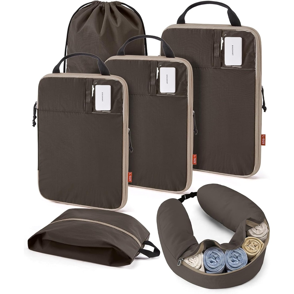 image:imageBAGSMART 6 Set Compression Packing Cubes Travel Essentials with Neck Pillow Premium taslan organizer bags for budget airline carryons luggage suitcases closets cruisesCharcoal Grey