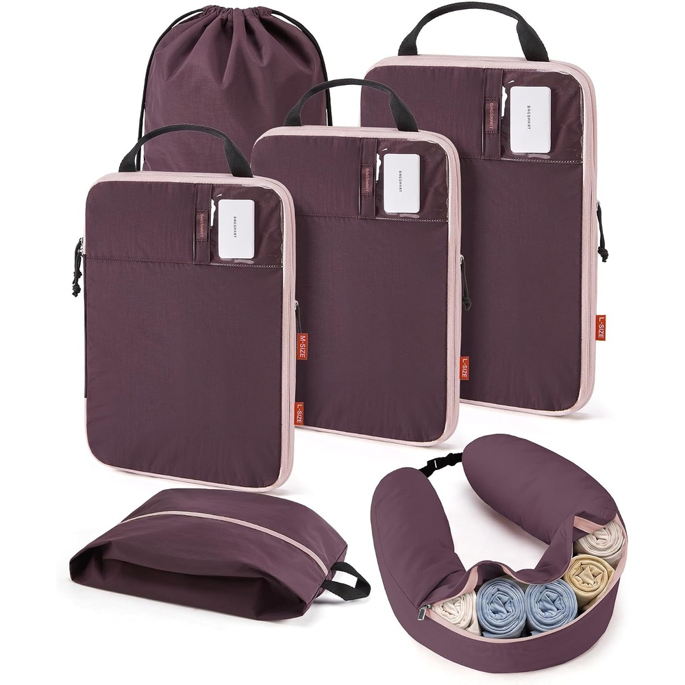 image:imageBAGSMART 6 Set Compression Packing Cubes Travel Essentials with Neck Pillow Premium taslan organizer bags for budget airline carryons luggage suitcases closets cruisesCrimson Purple