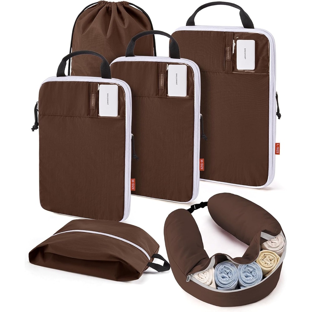 image:imageBAGSMART 6 Set Compression Packing Cubes Travel Essentials with Neck Pillow Premium taslan organizer bags for budget airline carryons luggage suitcases closets cruisesCoffee Brown