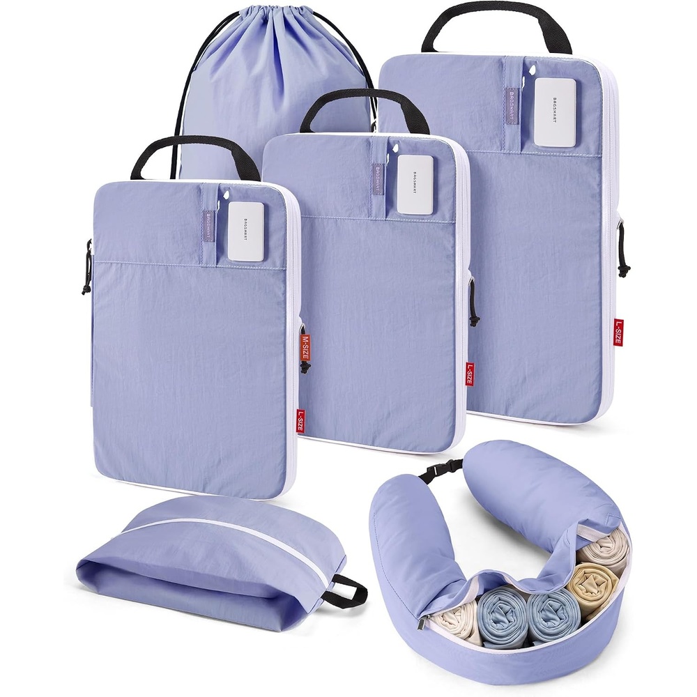 image:imageBAGSMART 6 Set Compression Packing Cubes Travel Essentials with Neck Pillow Premium taslan organizer bags for budget airline carryons luggage suitcases closets cruisesPurple