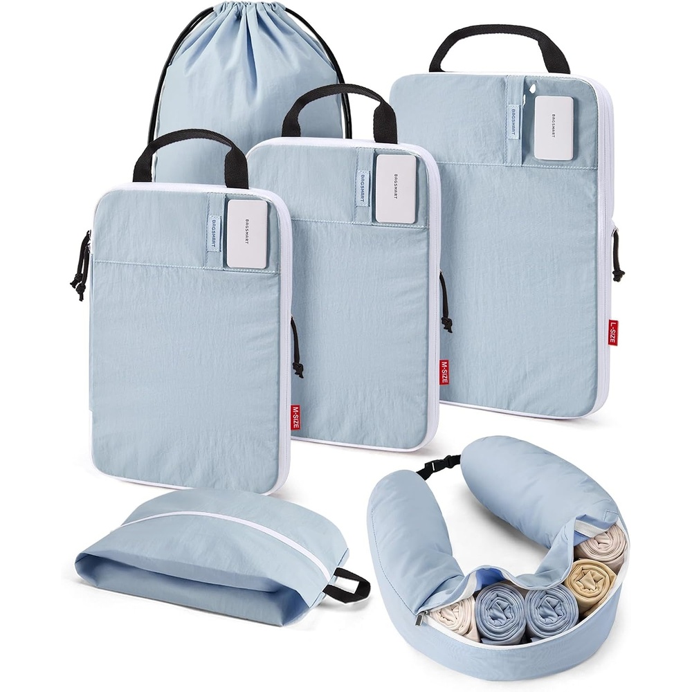 image:imageBAGSMART 6 Set Compression Packing Cubes Travel Essentials with Neck Pillow Premium taslan organizer bags for budget airline carryons luggage suitcases closets cruisesDawn Blue