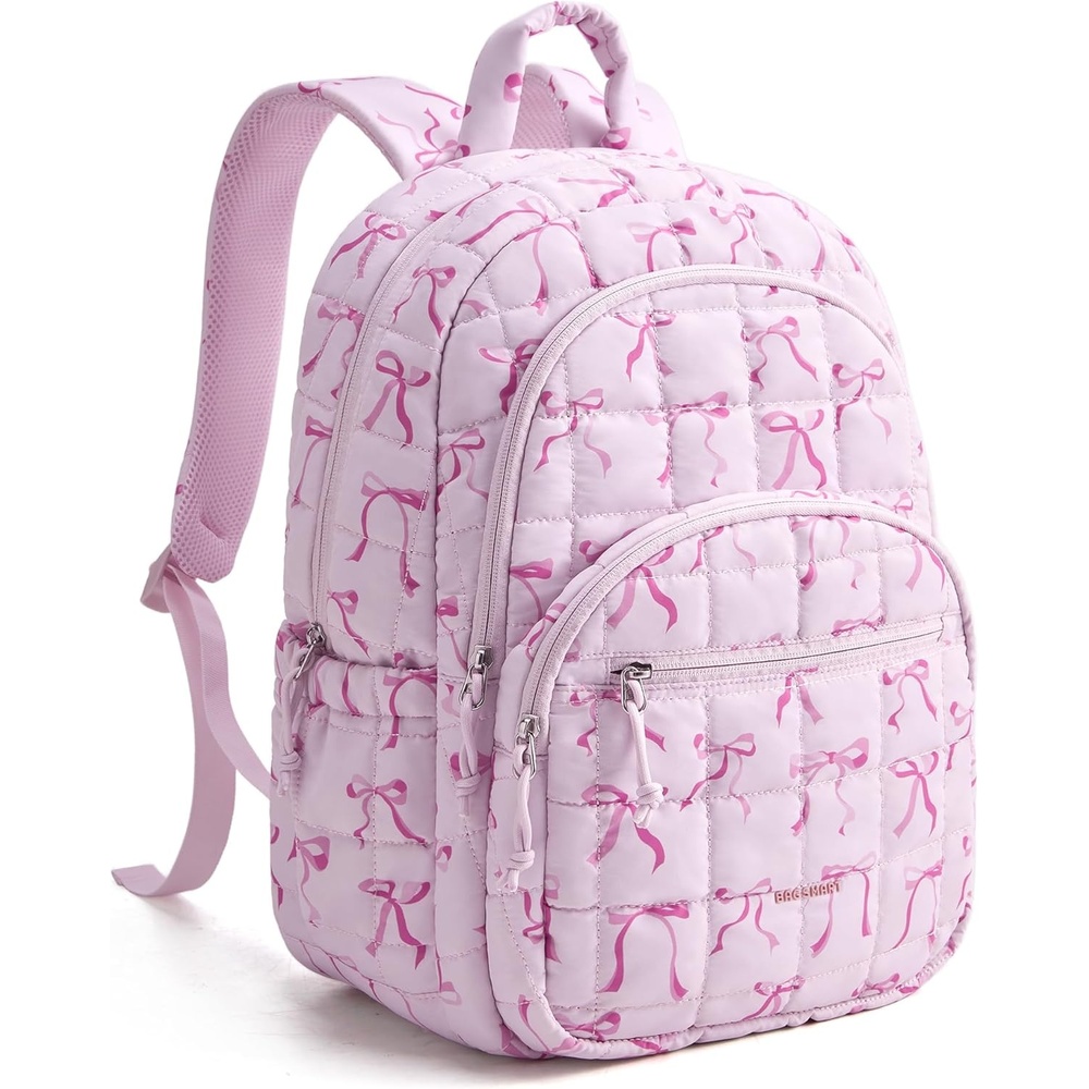 image:imageBAGSMART College Laptop Backpack Travel Backpack for Women Quilted Casual Daypack WaterResistant Bookbag for 156 Inch Laptop Cherry RedPink Bow Print