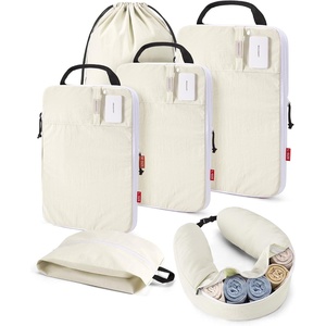 BAGSMART 6 Set Compression Packing Cubes Travel Essentials with Neck Pillow | Premium taslan organizer bags for budget airline carry-ons, luggage, suitcases, closets, cruises(Beige)