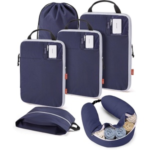 BAGSMART 6 Set Compression Packing Cubes Travel Essentials with Neck Pillow | Premium taslan organizer bags for budget airline carry-ons, luggage, suitcases, closets, cruises(Navy Blue)