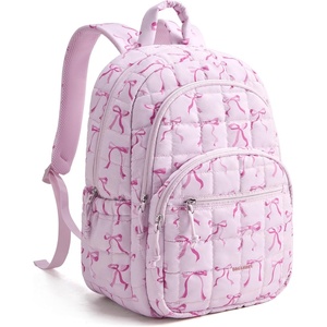 BAGSMART College Laptop Backpack, Travel Backpack for Women, Quilted Casual Daypack, Water-Resistant Bookbag for 15.6 Inch Laptop, Cherry Red(Pink Bow Print)