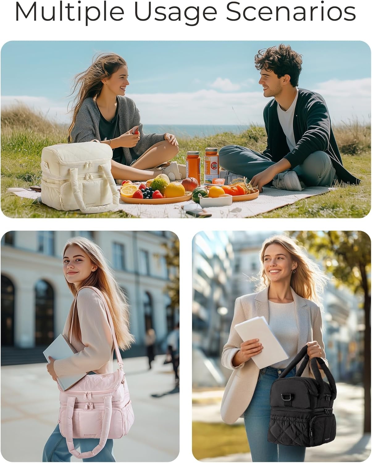 image:imageBAGSMART Insulated Lunch Bags for Women Cute Quilted Lunch Box Lightweight Puffy Padded Waterproof Lunch Tote Reusable Lunch Cooler for Work Picnic Travel BlackberryBeige