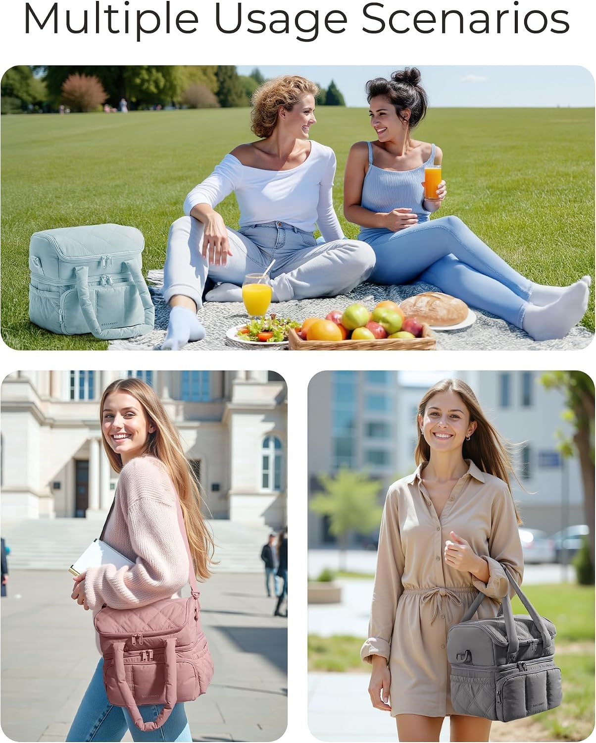 image:imageBAGSMART Insulated Lunch Bags for Women Cute Quilted Lunch Box Lightweight Puffy Padded Waterproof Lunch Tote Reusable Lunch Cooler for Work Picnic Travel BlackberryBeige