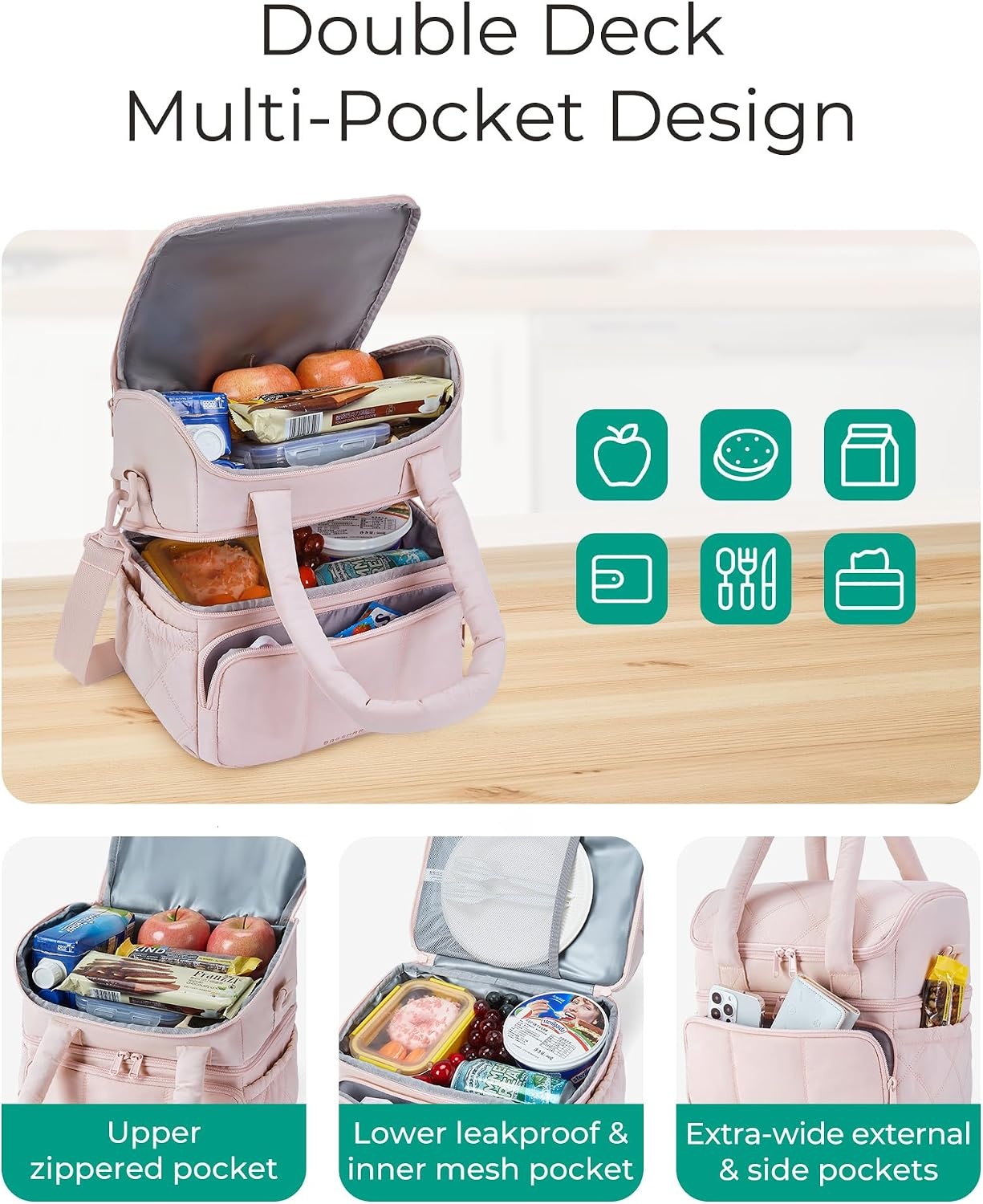image:imageBAGSMART Insulated Lunch Bags for Women Cute Quilted Lunch Box Lightweight Puffy Padded Waterproof Lunch Tote Reusable Lunch Cooler for Work Picnic Travel BlackberryCamel