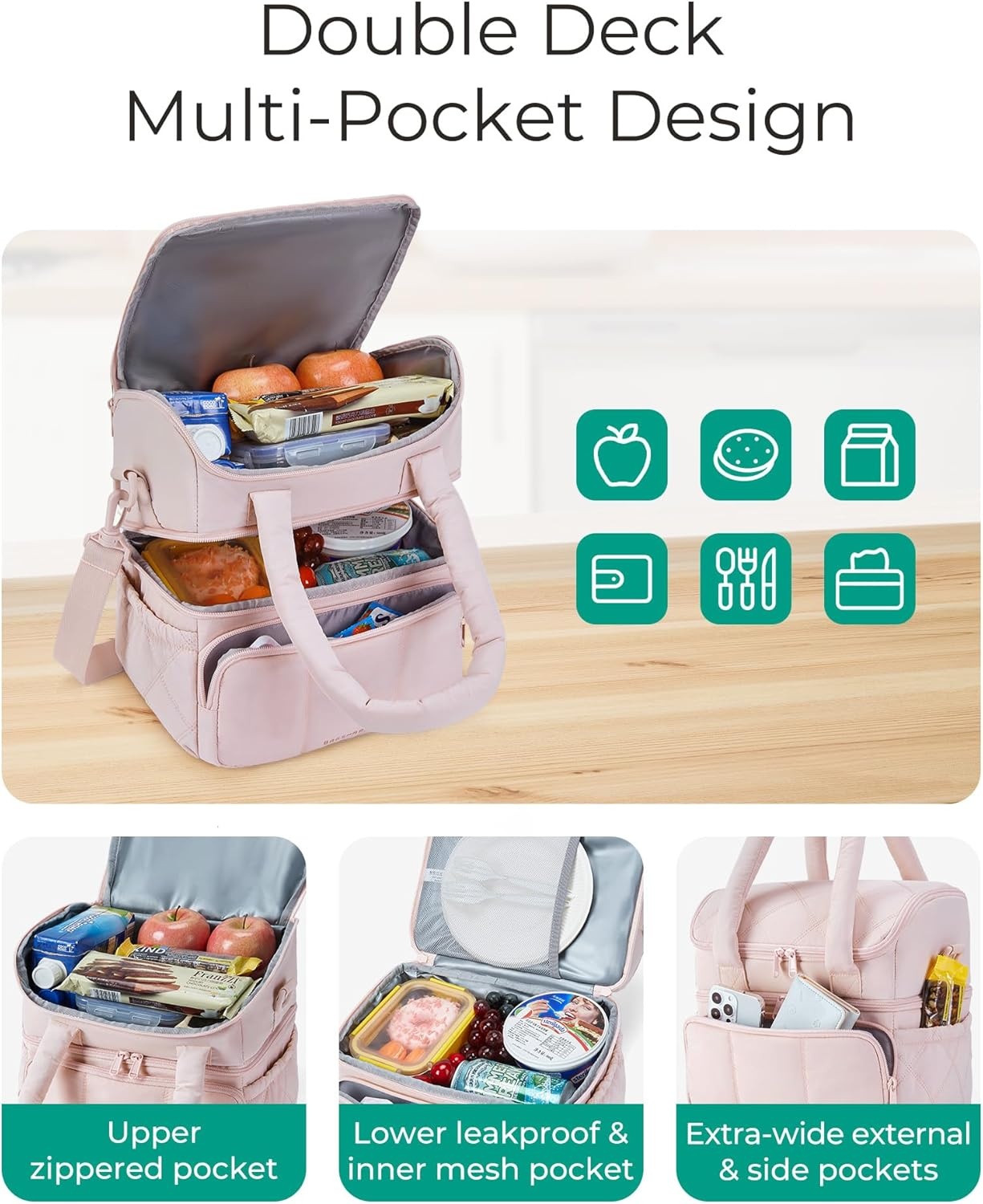 image:imageBAGSMART Insulated Lunch Bags for Women Cute Quilted Lunch Box Lightweight Puffy Padded Waterproof Lunch Tote Reusable Lunch Cooler for Work Picnic Travel BlackberryPrintBrown Checkerboard