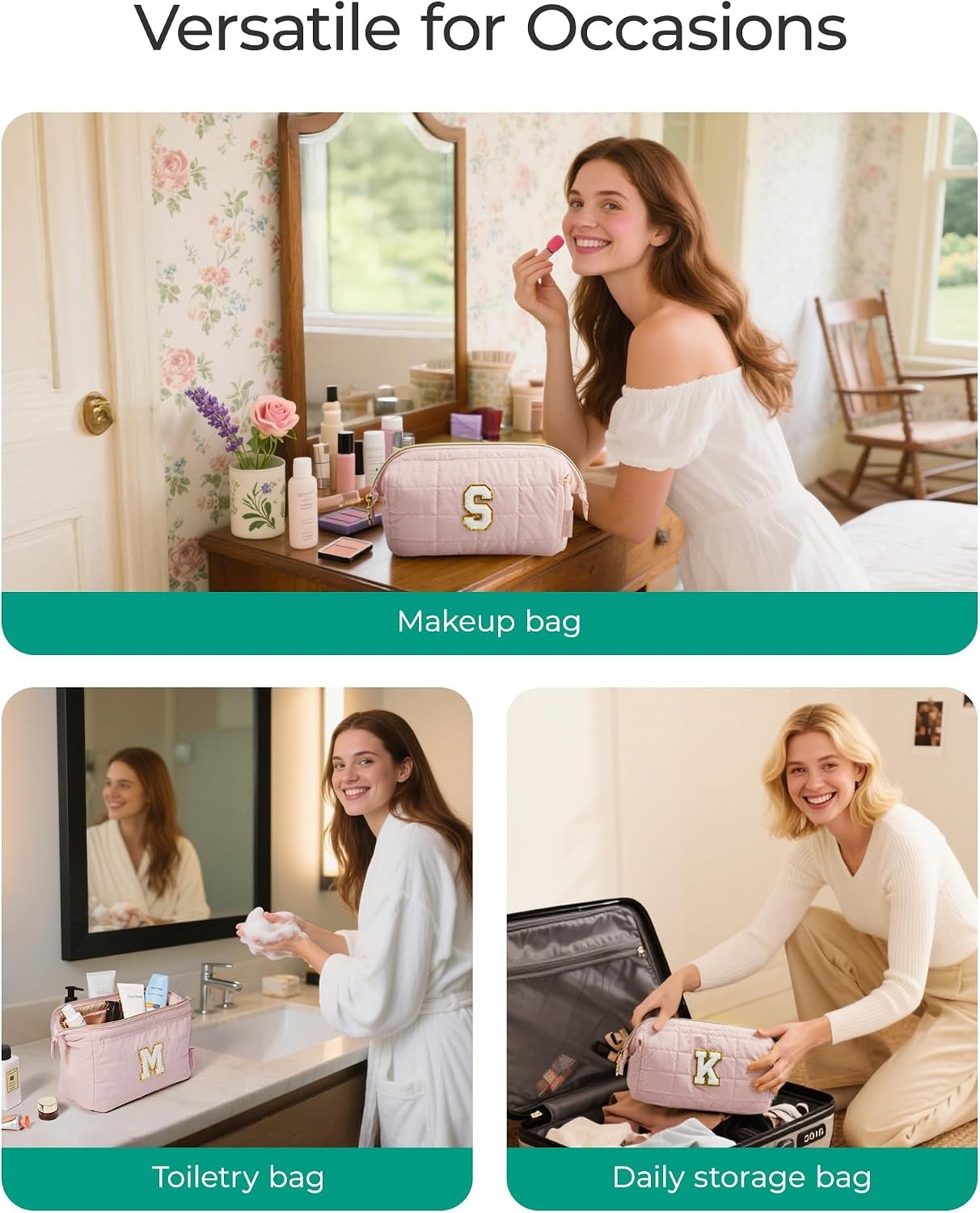 image:imageBAGSMART Makeup Bag Travel Toiletry Bag Puffy Padded Make Up Bags for Women Makeup Organizer Case Wideopen Pouch Purse Travel Essentials Toiletries Accessories Brushes Apricot Pink34Letter K