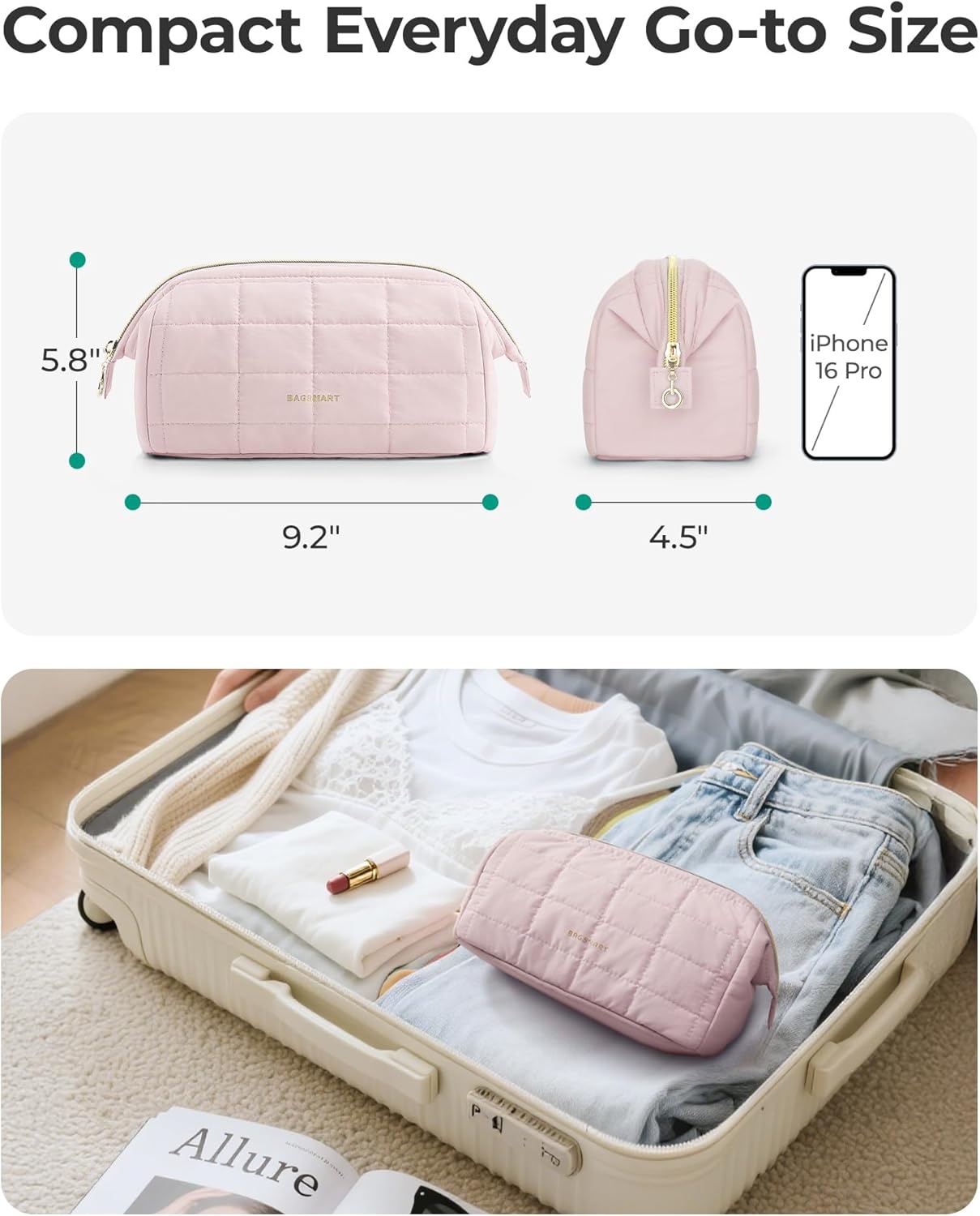 image:imageBAGSMART Makeup Bag Travel Toiletry Bag Puffy Padded Make Up Bags for Women Makeup Organizer Case Wideopen Pouch Purse Travel Essentials Toiletries Accessories Brushes Apricot Pink01Sakura Pink