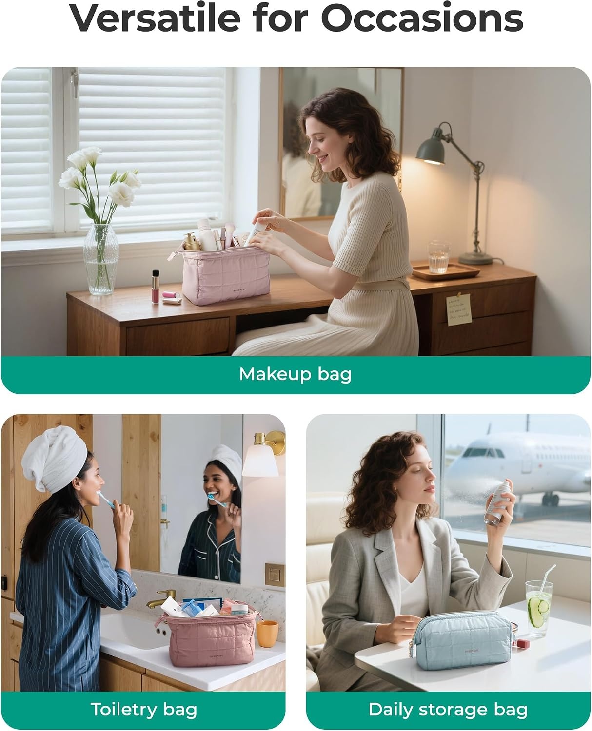 image:imageBAGSMART Makeup Bag Travel Toiletry Bag Puffy Padded Make Up Bags for Women Makeup Organizer Case Wideopen Pouch Purse Travel Essentials Toiletries Accessories Brushes Apricot Pink17Teal