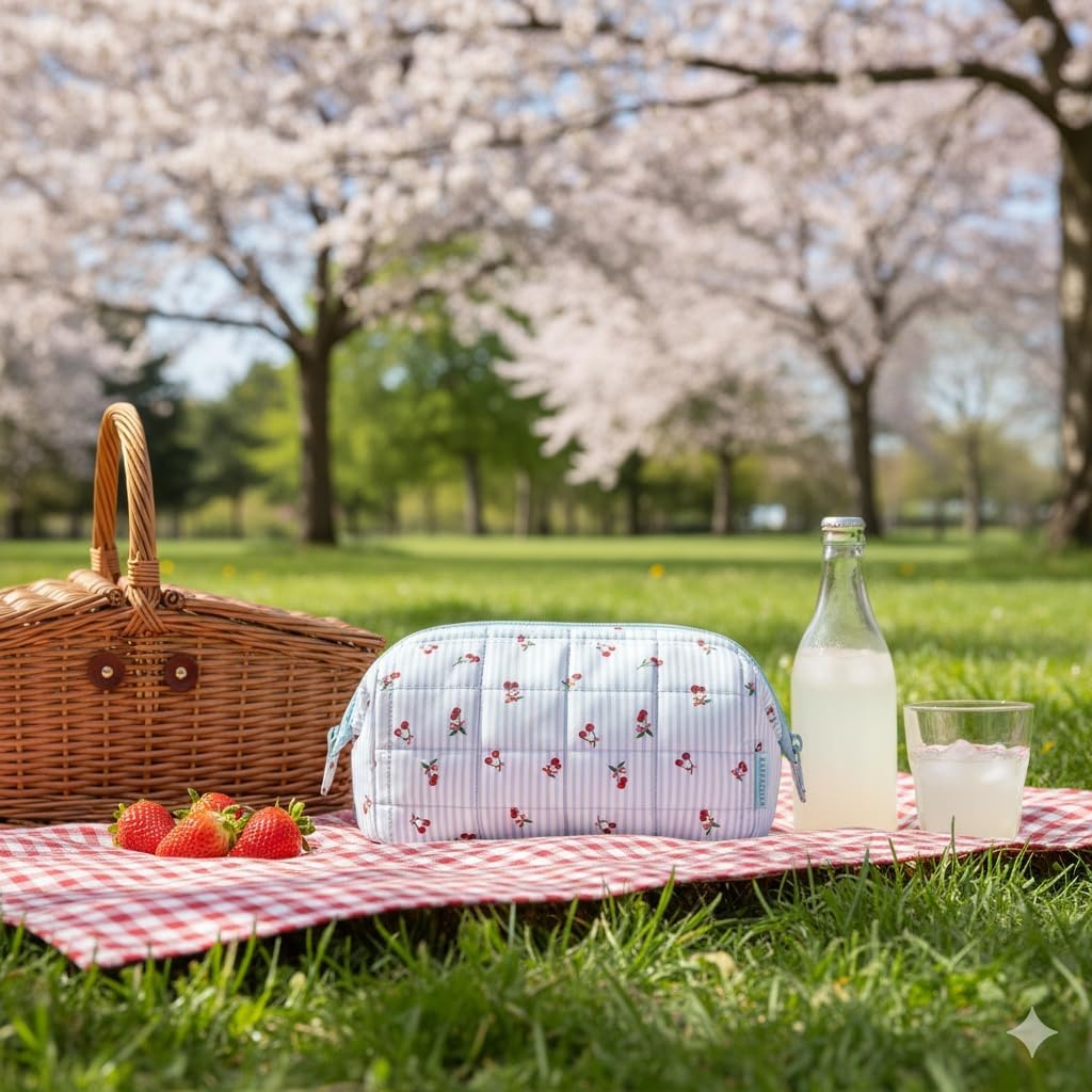 image:imageBAGSMART Makeup Bag Travel Toiletry Bag Puffy Padded Make Up Bags for Women Makeup Organizer Case Wideopen Pouch Purse Travel Essentials Toiletries Accessories Brushes Apricot Pink28Ditsy Cherry
