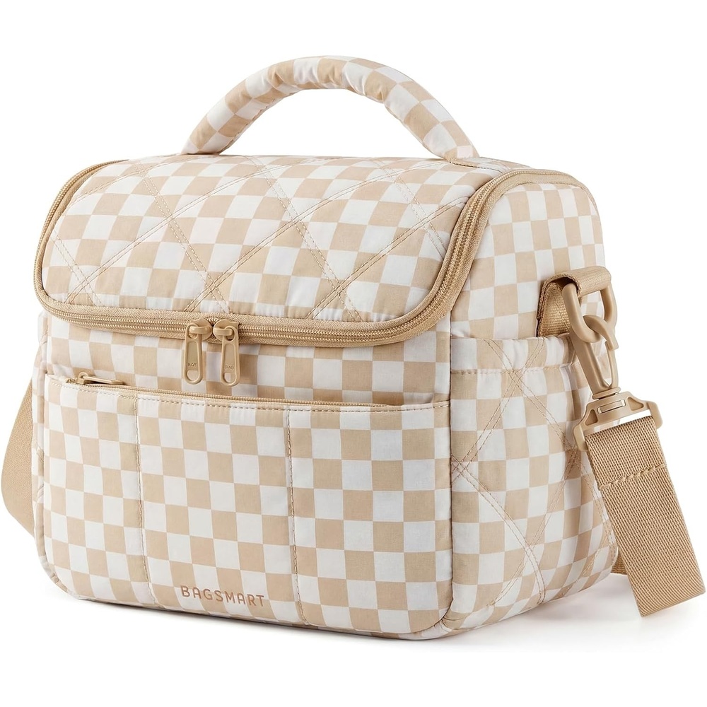 image:imageBAGSMART Insulated Lunch Bags for Women Cute Quilted Lunch Box Lightweight Puffy Padded Waterproof Lunch Tote Reusable Lunch Cooler for Work Picnic Travel BlackberryPrintBrown Checkerboard